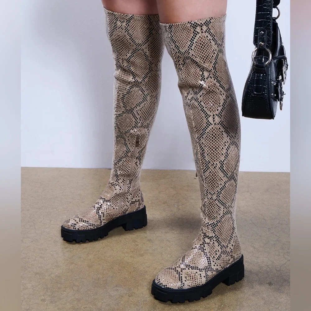 AZALEA WANG Brown Snake Print Thigh High Boots